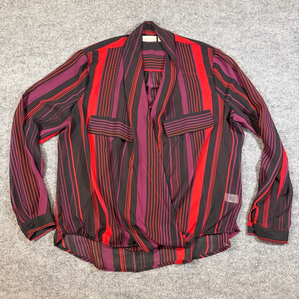 Bisou Bisou Top Blouse Women's XL Striped Long Sleeve Sheer‎ Chiffon